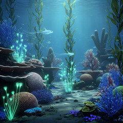 Vibrant underwater scene with diverse coral reefs, glowing marine flora, tall kelp, and sandy ocean floor, inhabited by small fish.