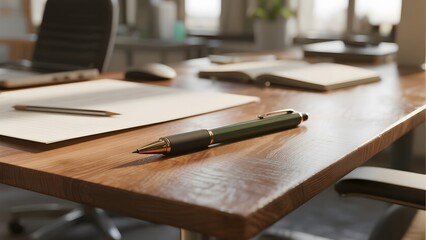Wooden desk with a pen, notebook, and open book in a well-lit office setting