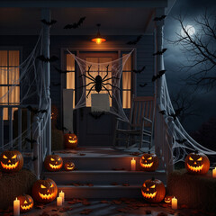 A spooky Halloween night scene on a house porch, featuring glowing jack-o'-lanterns, spiderwebs, bats, and a large spider under a full moon.