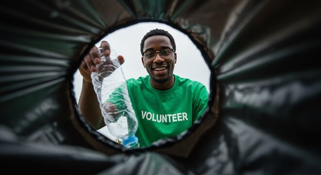 A man wearing glasses and a green VOLUNTEER shirt smiling while dropping a plastic bottle into a black trash bag