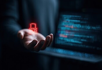 Person holding a glowing red padlock over a laptop with code