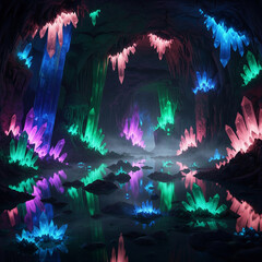 A mystical underground cave filled with an array of glowing, multi-colored crystals reflecting in still water.