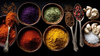 Colorful spices in small bowls on a dark surface (1)