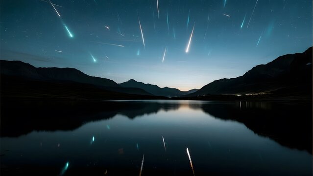 Meteor Shower Over a Calm Lake with Mountain Silhouettes