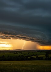 Fototapeta premium Dramatic storm over a rural landscape. Lightning illuminates a colorful sunset through ominous clouds