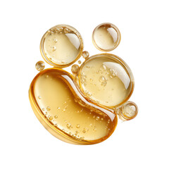 Golden yellow oil liquid drops with bubbles on transparent background. Skincare and beauty cosmetic serum texture. Abstract macro fluid for medical advertising.