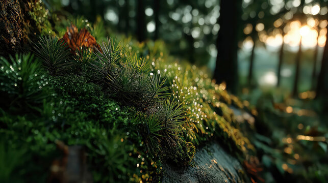Forest floor with moss and dew drops at sunrise