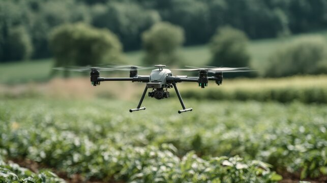 Medium shot of a precision farm drone hovering over crops main drone sharply in focus with blurred green fields in the background during aerial scouting.