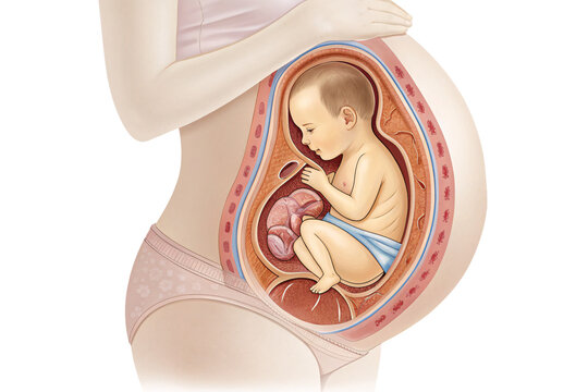 Medical illustration of full-term pregnancy showing baby in birth position within mother's womb, isolated on a transparent background
