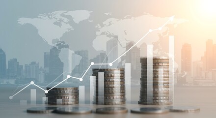 Stacks of coins representing financial growth, overlaid with a world map and city skyline.