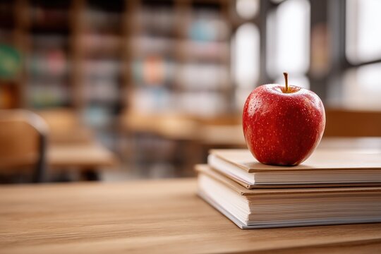 Red apple on stack of books in classroom with blurred background. School and education theme - Powered by Adobe