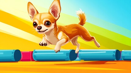 Playful chihuahua dog jumping over colorful tubes