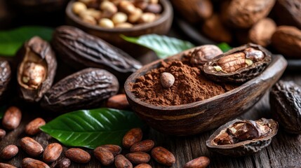 Obraz premium Cacao beans, pods, and powder on rustic table with leaves. Fair Trade Month