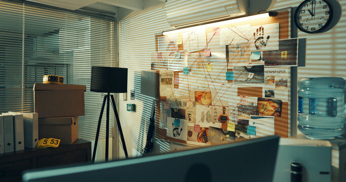 Office, board and crime evidence with investigation mind map, police workplace and murder proof. Computer, furniture and inspection for problem solving, string planning and criminal lead of homicide