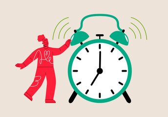 Woman stand next to big clock. Time management concept. Colorful vector illustration