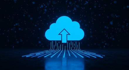 A glowing, light-blue cloud icon with an upward arrow, symbolizing data upload, set against a dark digital background.