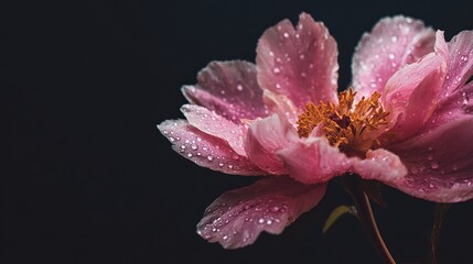 Stunning pink peony petal detail with glistening water droplets against dark background
