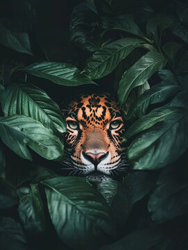 Jaguar's face peeking through lush, green foliage