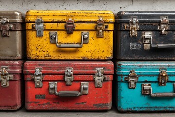 Stacked Textured Metal Trunks; Antique Red, Yellow, Gray, Blue Painted Storage Boxes
