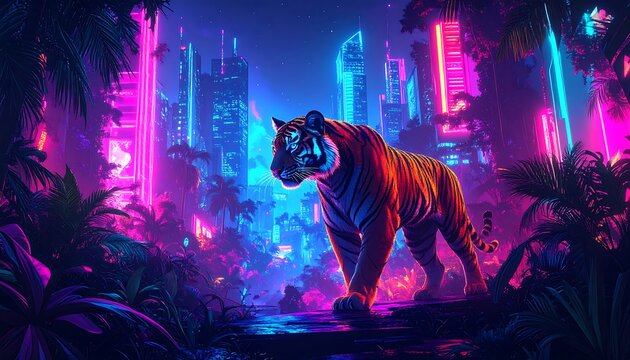 Tiger in a futuristic jungle