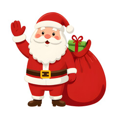 Cute cartoon Santa Claus waving hand and carrying a big red gift bag, flat vector illustration, white background