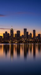 Fototapeta premium A serene cityscape reflects in calm water during a beautiful twilight hour, showcasing vibrant colors.