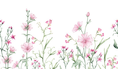 Seamless horizontal border or banner with pink wildflowers. Hand drawn watercolor illustration on isolated background. Summer floral pattern for frame or banner with marshmallow, mouse pea