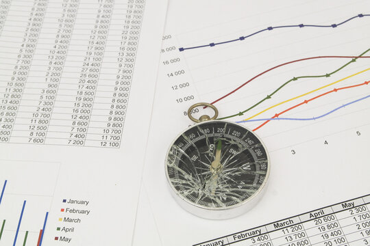 Broken compass on financial document close-up. Concept of loosing financial guidance and bad advise.	