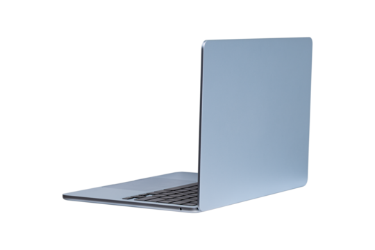 Rear view of modern laptop isolated on transparent PNG. Concept for technology, business, finance and advertising.