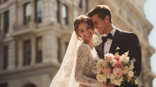 The bride and groom sharing joyful moments in a romantic urban setting.