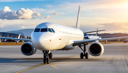 White jetliner on tarmac at sunset