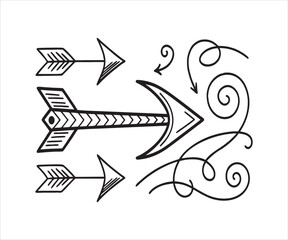 Hand Drawn Arrow Illustrations with Swirls in Black and White Representing Directional Movement and Artistic Flair for Creative Designs