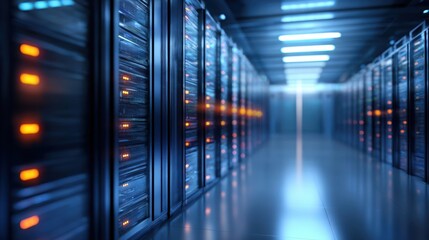 The futuristic server room illuminated with vibrant LED lights