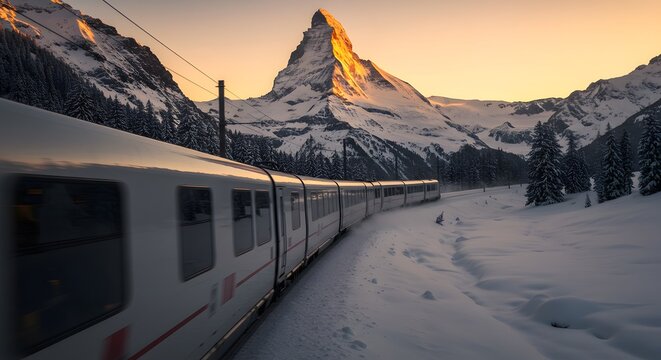 Train Journey Through Snowy Mountains at Sunset