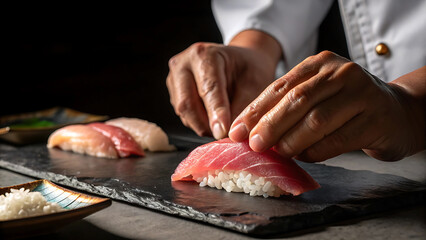 Chef Hands Making Otoro Nigiri Sushi Ultra Realistic