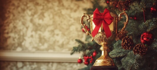 Fototapeta premium The Elegant Trophy Adorned with a Red Ribbon by a Festive Christmas Tree