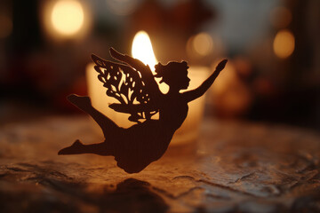 delicate paper angel silhouette gracefully placed against warm glow of candlelight