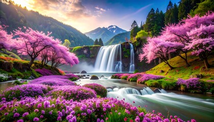 Spring waterfall, cherry blossoms, vibrant landscape