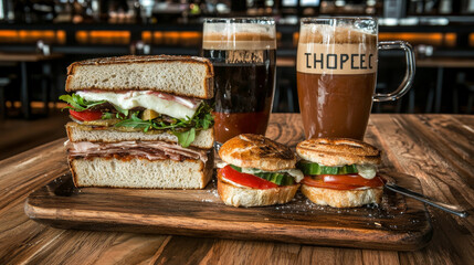 Layered sandwiches, mini open-faced sandwiches, and dark beverages on wooden board