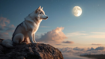 Siberian Husky sitting on mountain rock watching full moon

