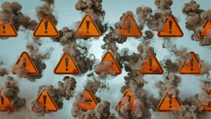 Warning signs amidst swirling dust clouds, symbolizing alert and danger.