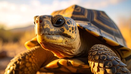 Fototapeta premium Detailed portrait of a desert tortoise in natural sunlight basking in the arid climate
