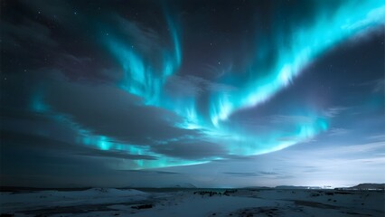 Naklejka premium Aurora Borealis Illuminating a Snowy Landscape Under a Starry Night Sky