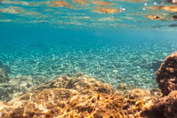 Sunlight filtering through clear turquoise water illuminates the rocky pebble seabed of the Mediterranean coast in France during September.