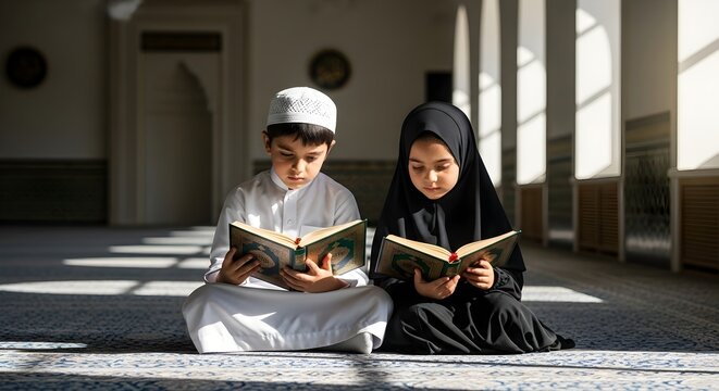 Muslim Children Reading Quran in Mosque