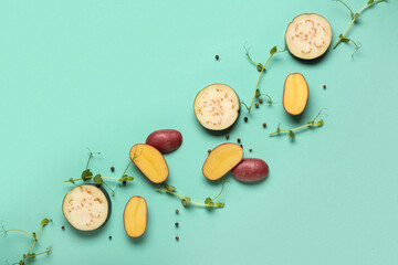 Composition with vegetables and fresh micro green on turquoise background, closeup