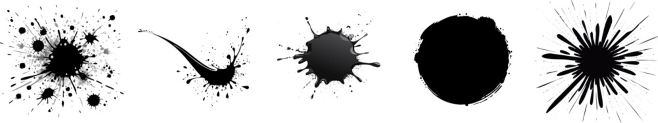 Set of diverse black ink splashes and paint splatters, from delicate splatters to bold brush strokes, on a transparent background for graphic design