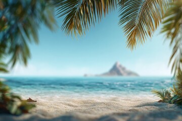 Tropical beach scene through palm leaves