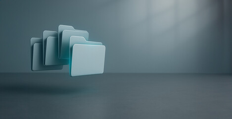Digital Storage Abstract: An ethereal arrangement of sleek, minimalist digital file folders floats in a clean, understated studio setting.