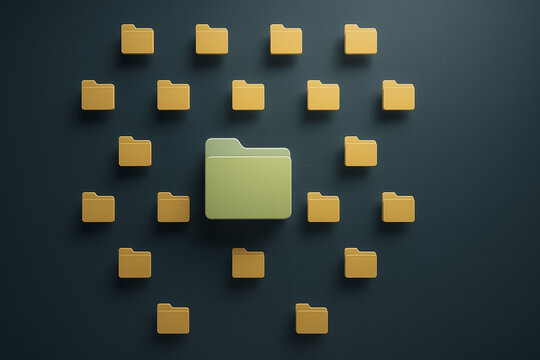 Digital Organization: An overhead perspective presents a meticulously arranged grid of folders, each representing a piece of data and information. Within the array of identical ones.